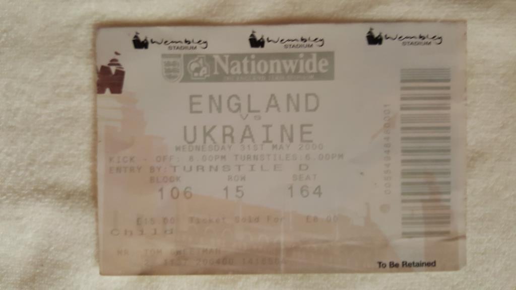 Билет 2000г. Англия - Украина.