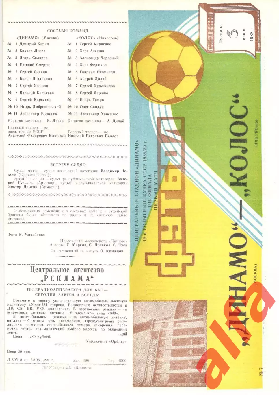 Динамо Москва - Колос Никополь 03.06.1988 Кубок СССР.