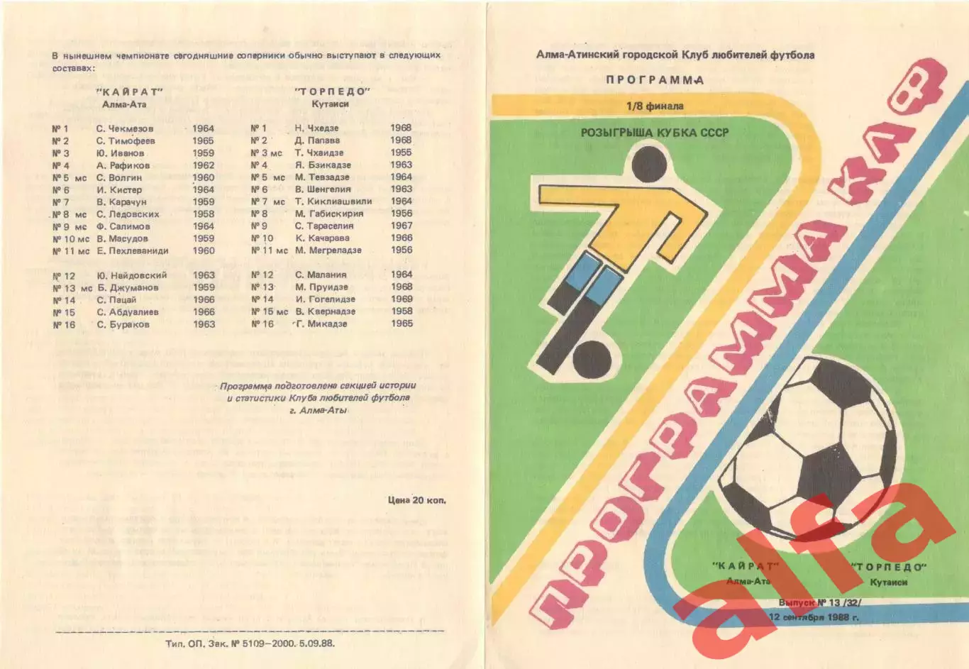 Кайрат Алма-Ата - Торпедо Кутаиси 12.09.1988 Кубок СССР (КЛФ Алма-Ата)