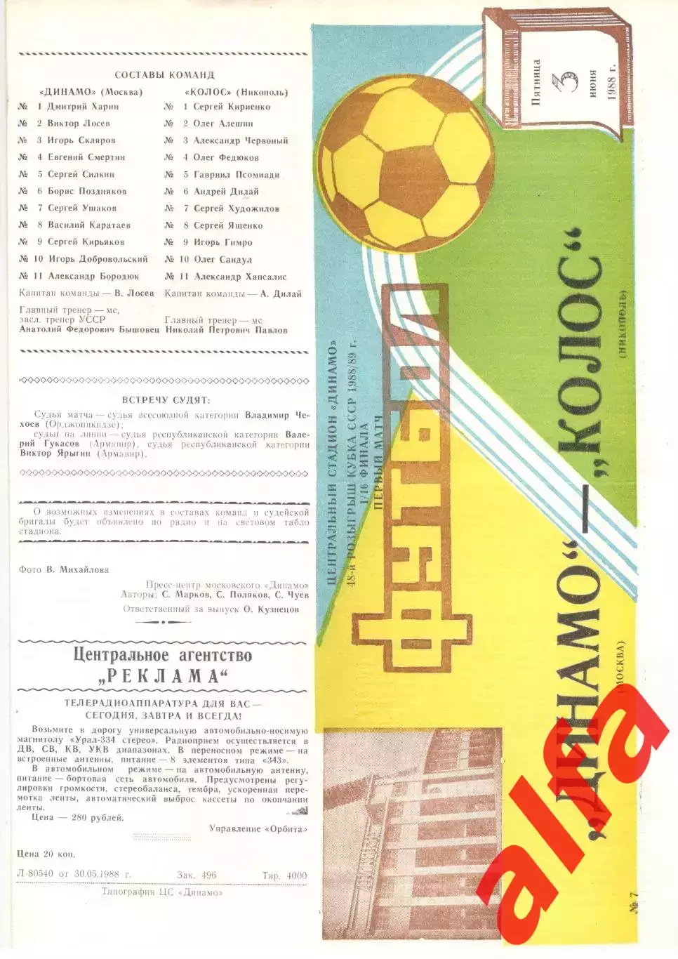 Динамо Москва - Колос Никополь 03.06.1988 Кубок СССР.