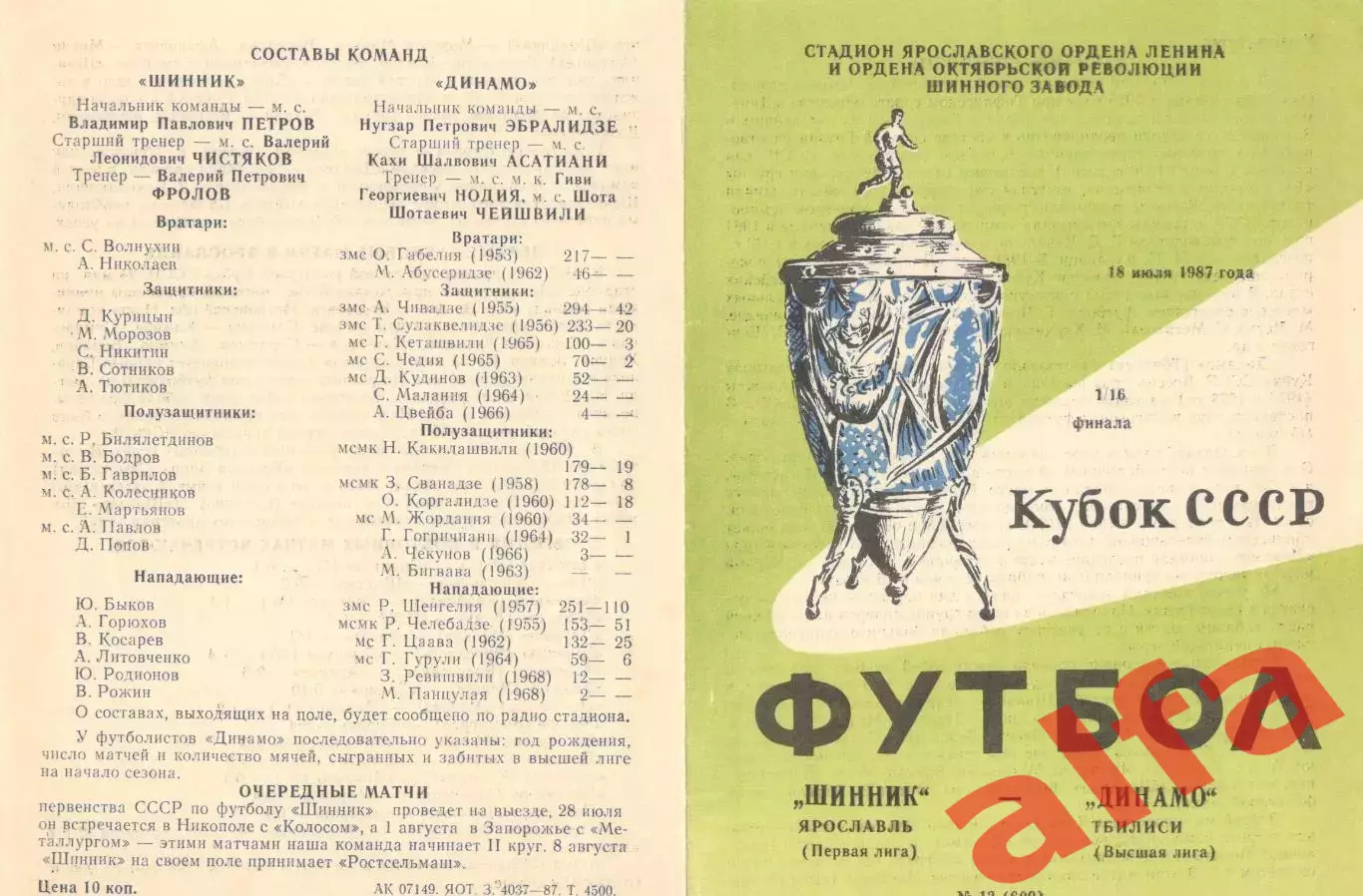 Шинник Ярославль - Динамо Тбилиси 18.07.1987. Кубок СССР.