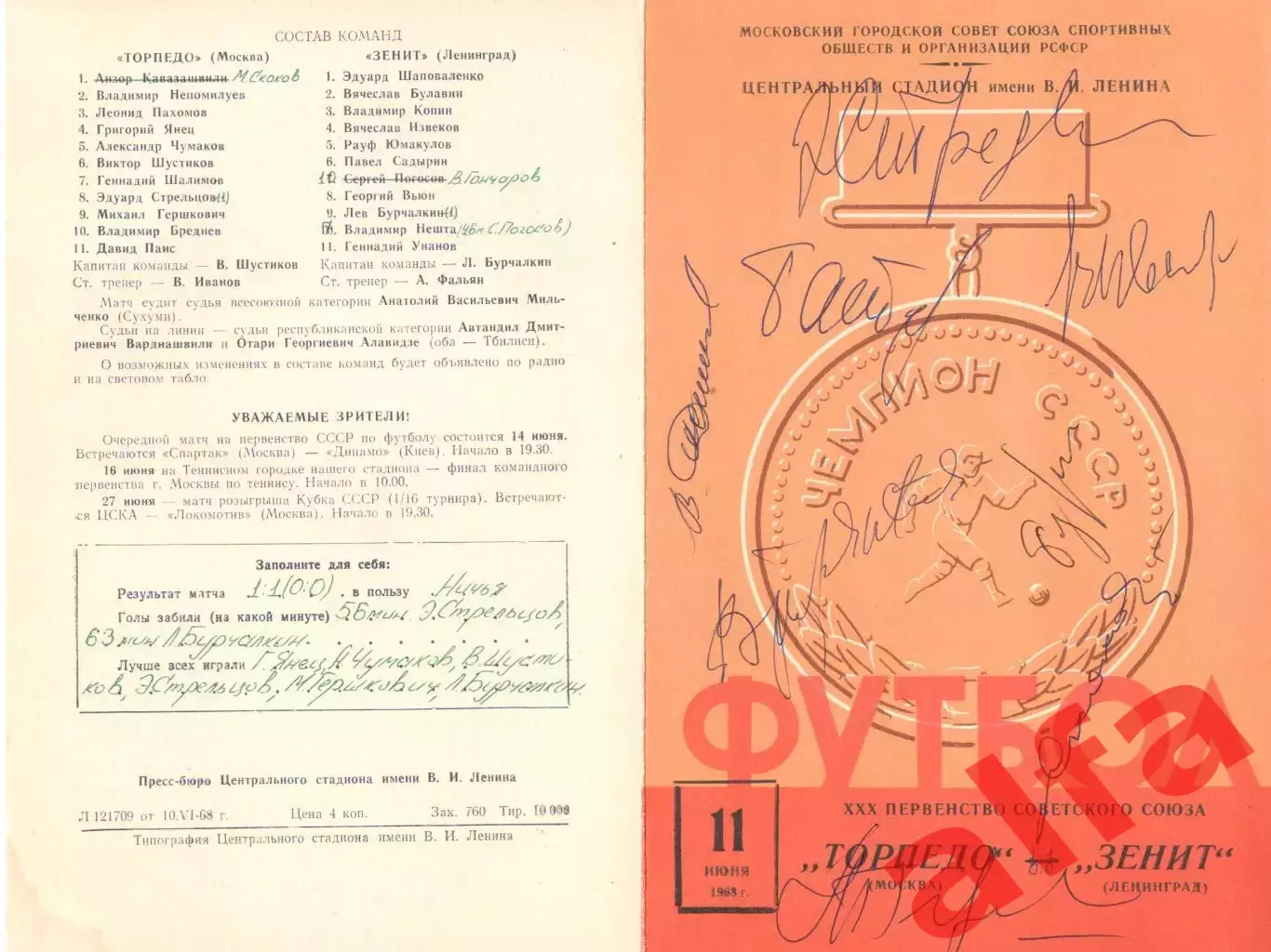 Торпедо Москва - Зенит Ленинград 11.06.1968.