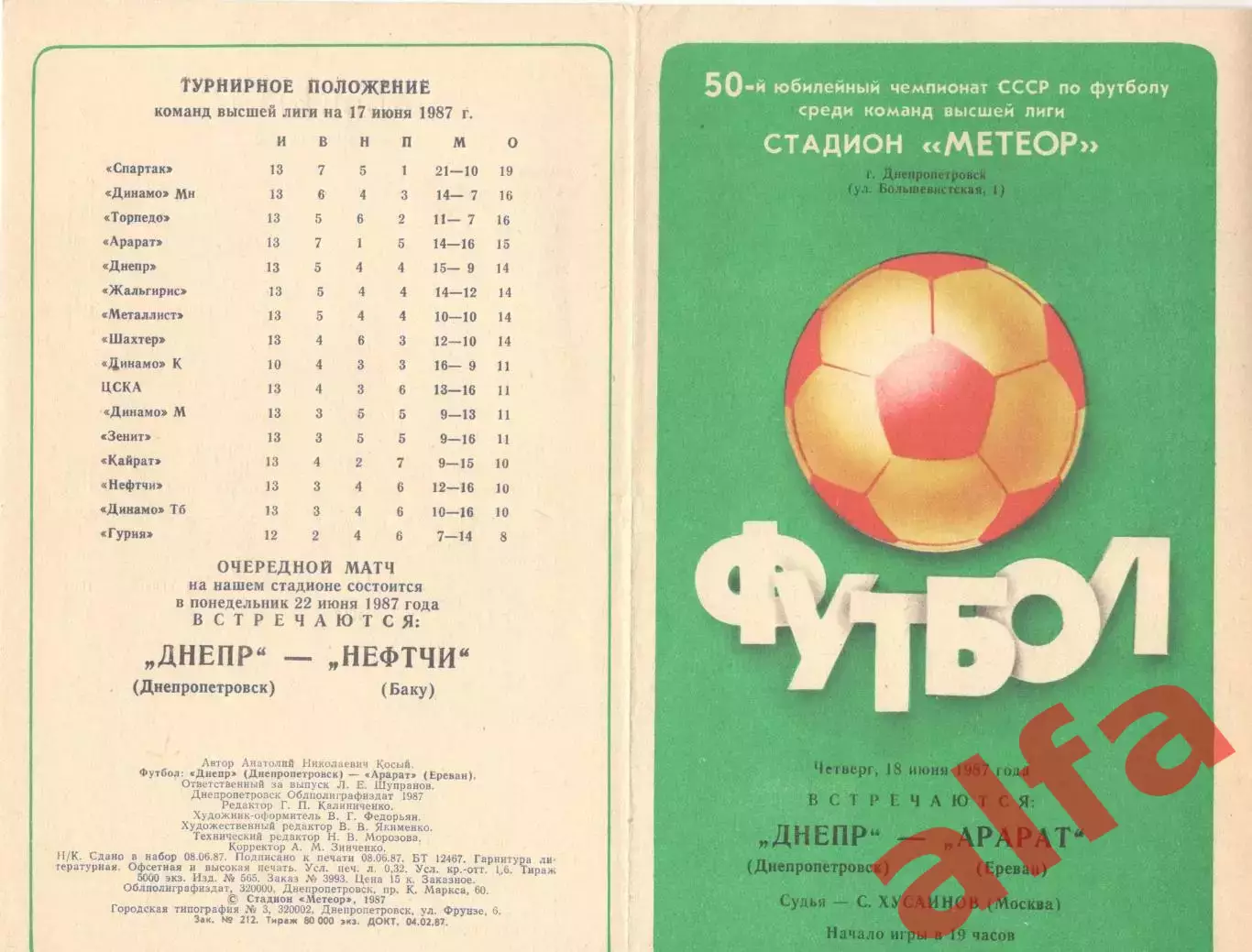 Днепр Днепропетровск - Арарат Ереван 18.06.1987.