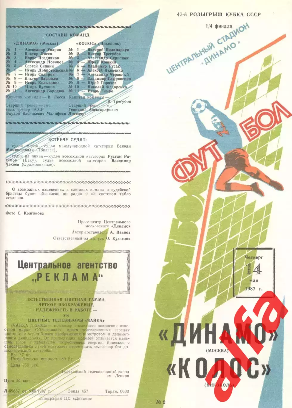 Динамо Москва - Колос Никополь 14.05.1987. Кубок СССР.