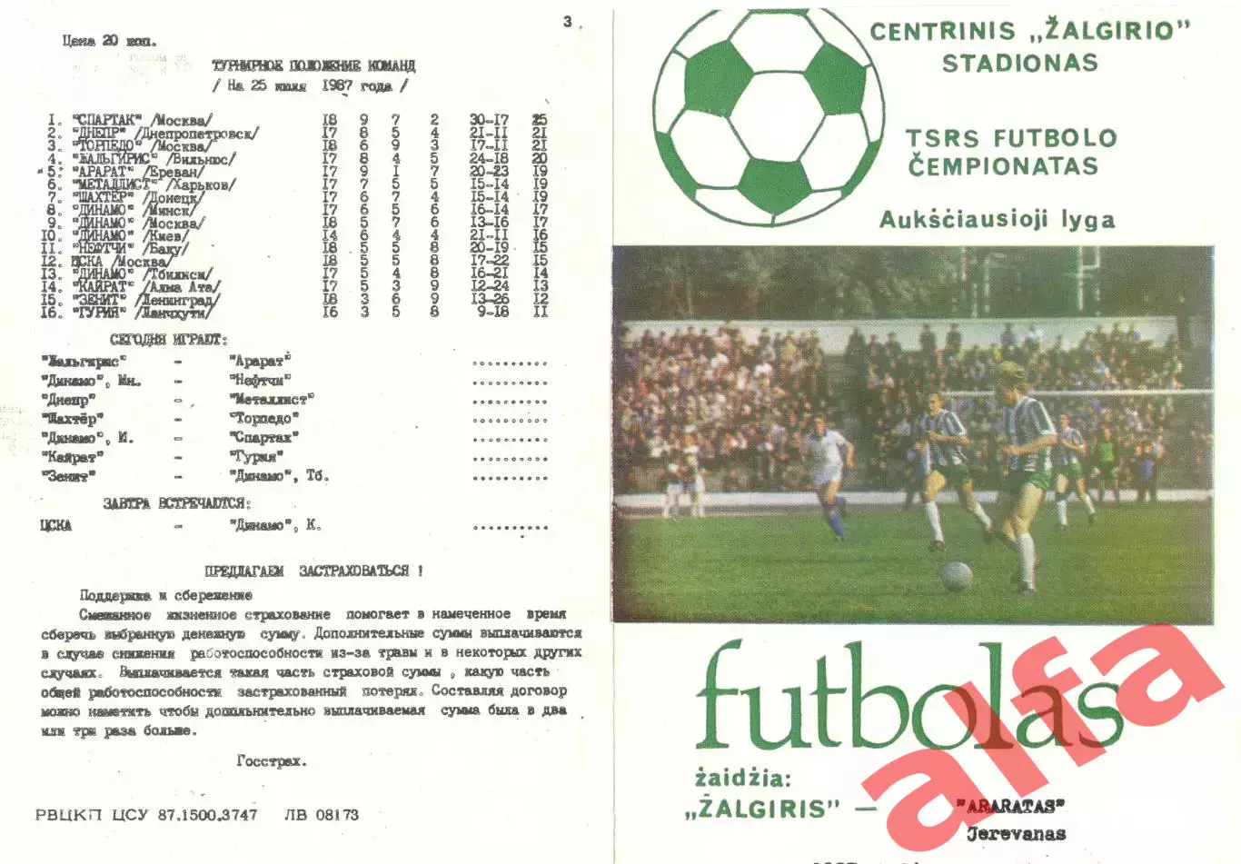 Жальгирис Вильнюс - Арарат Ереван 1987