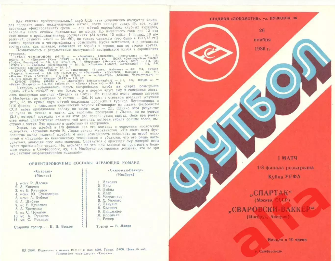 Спартак Москва - Сваровски-Ваккер Австрия 26.11.1986