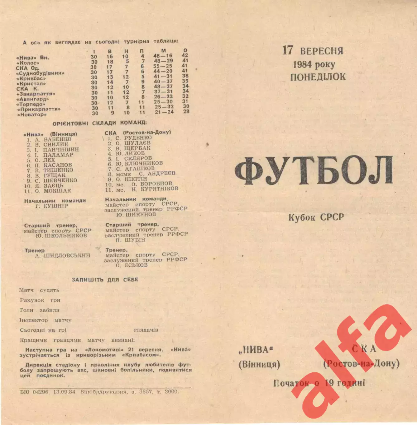 Нива Винница - СКА Ростов-на-Дону 17.09.1984. Кубок СССР