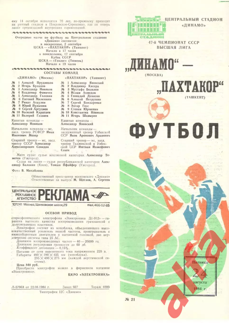 Динамо Москва - Пахтакор Ташкент 24.08.1984.