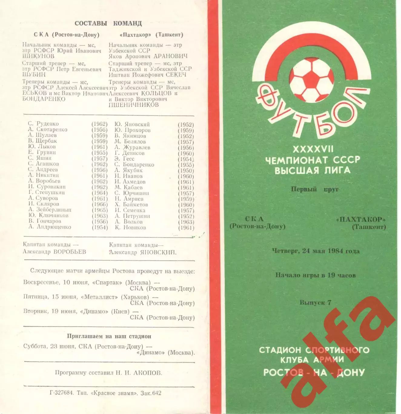 СКА Ростов-на-Дону - Пахтакор Ташкент 24.05.1984