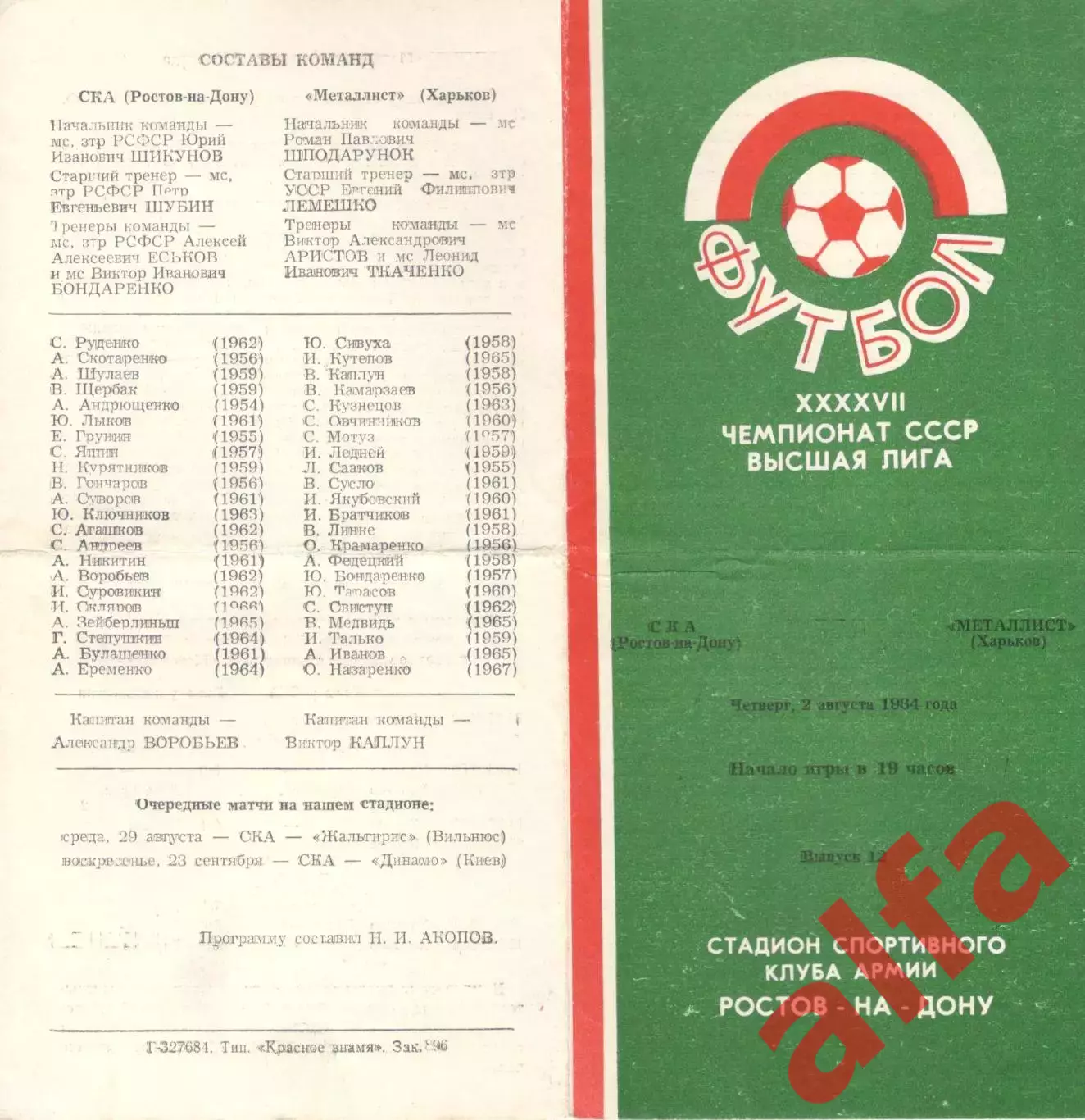 СКА Ростов-на-Дону - Металлист Харьков 02.08.1984