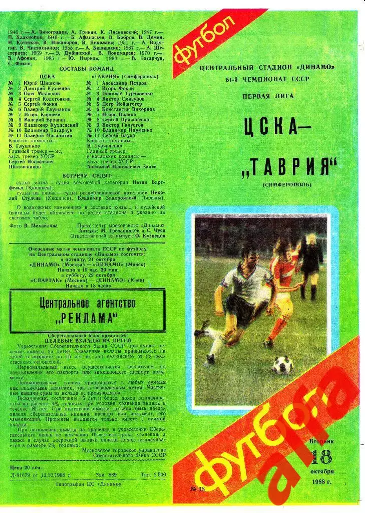 ЦСКА - Таврия Симферополь 18.10.1988.