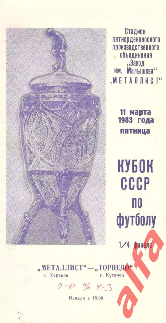 Металлист Харьков - Торпедо Москва 11.03.1983. Кубок СССР.