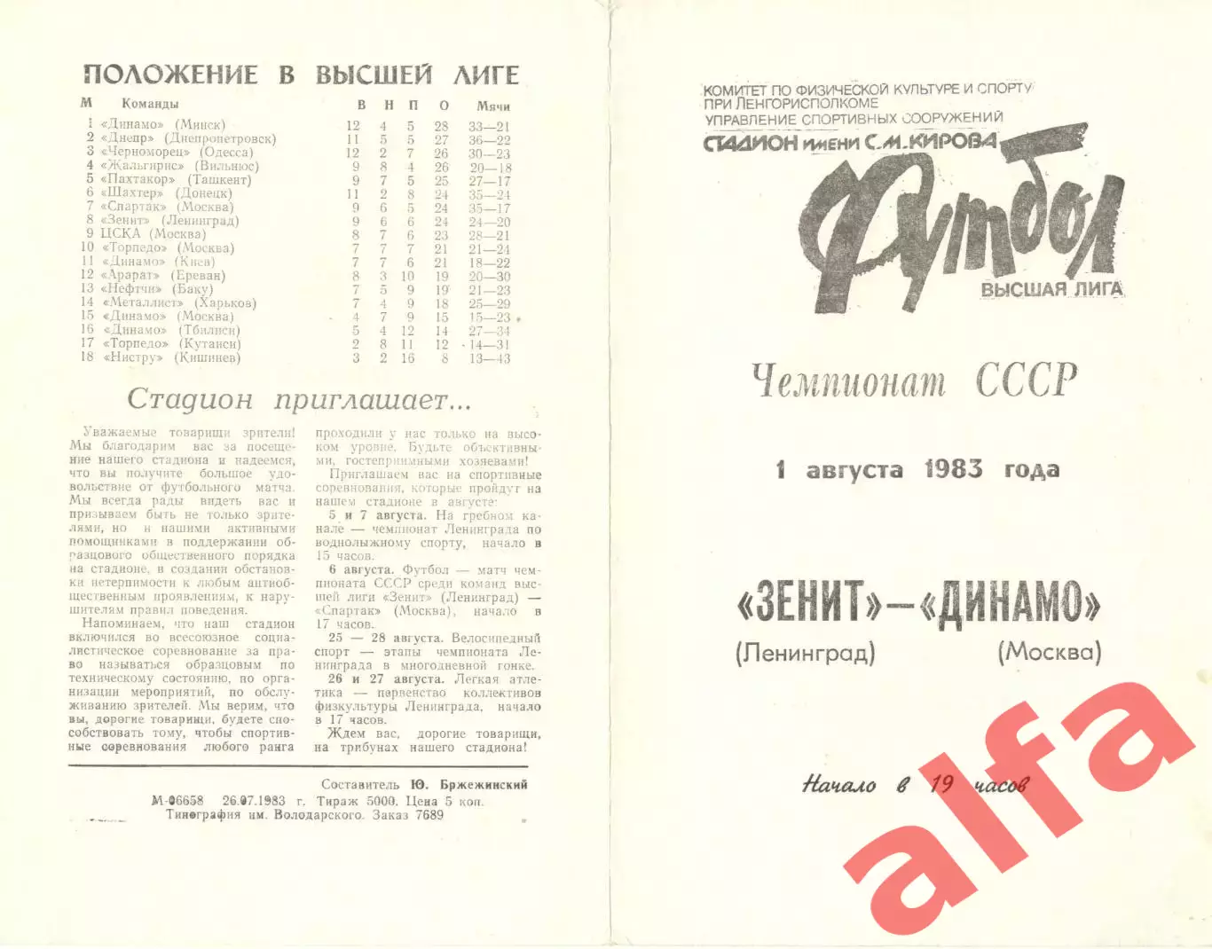 Зенит Ленинград - Динамо Москва 01.08.1983