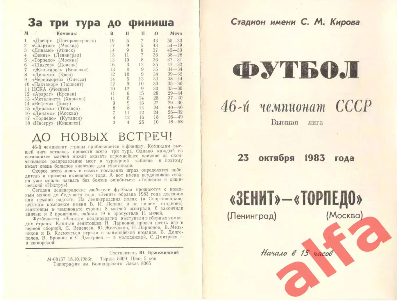 Зенит Ленинград - Торпедо Москва 23.10.1983
