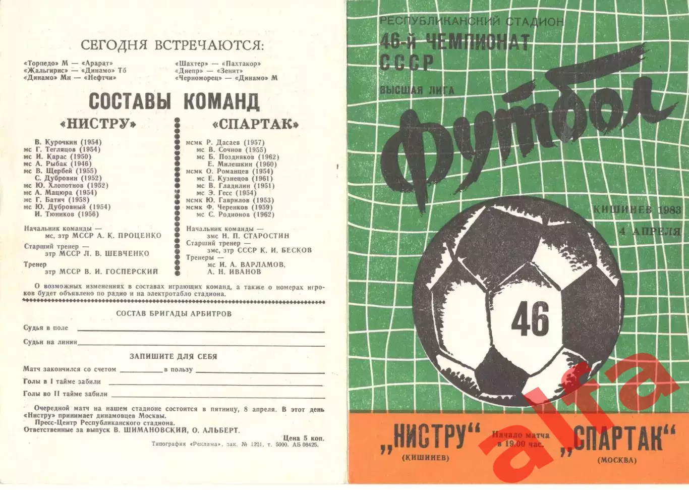 Нистру Кишинев - Спартак Москва 04.04.1983