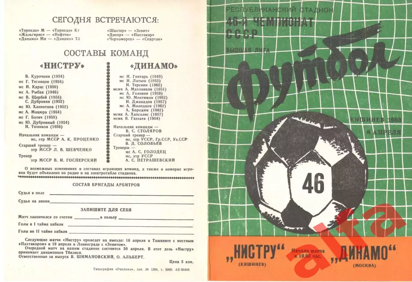 Нистру Кишинев - Динамо Москва 08.04.1983