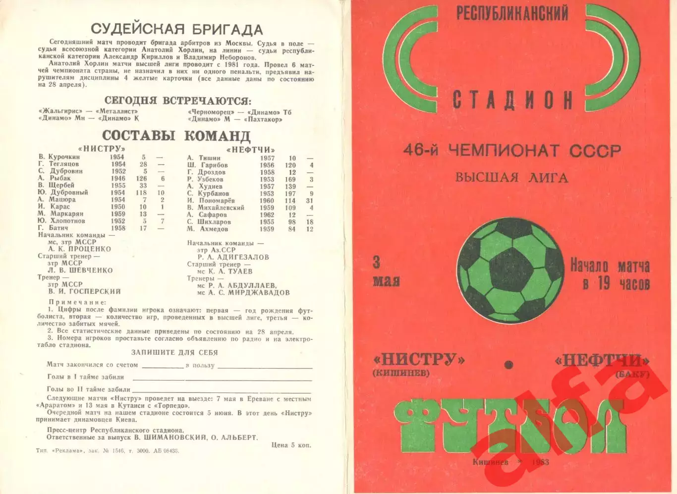 Нистру Кишинев - Нефтчи Баку 03.05.1983