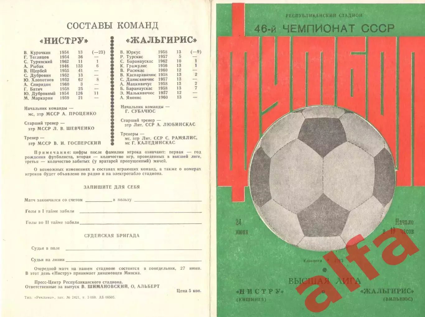 Нистру Кишинев - Жальгирис Вильнюс 24.06.1983