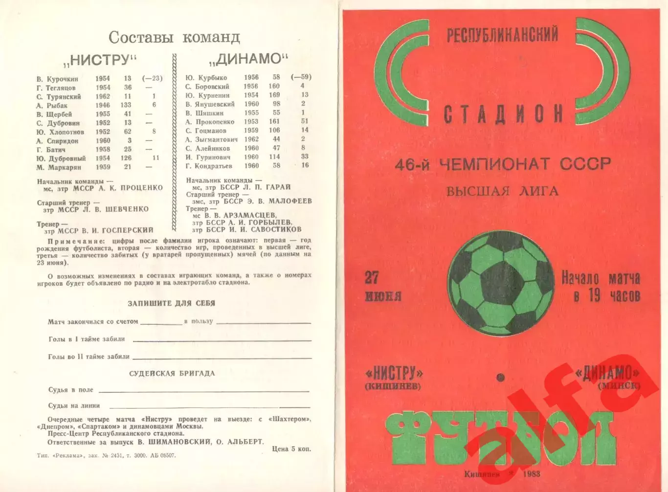 Нистру Кишинев - Динамо Минск 27.06.1983