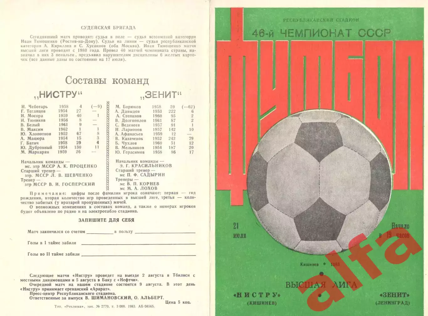 Нистру Кишинев - Зенит Ленинград 21.07.1983