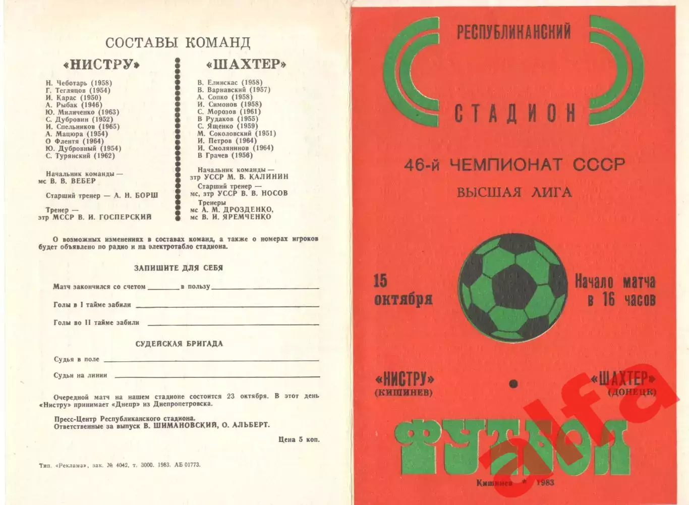 Нистру Кишинев - Шахтер Донецк 15.10.1983