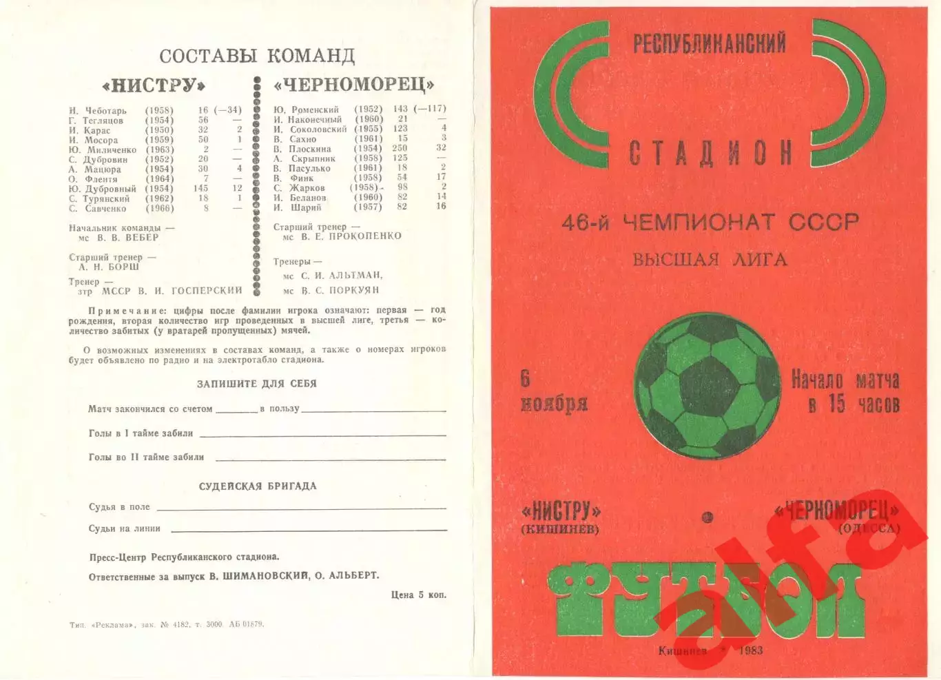 Нистру Кишинев - Черноморец Одесса 06.11.1983