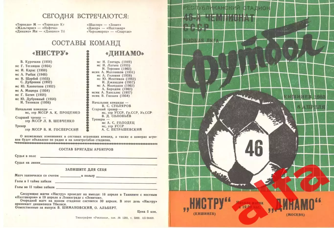 Нистру Кишинев - Динамо Москва 08.04.1983