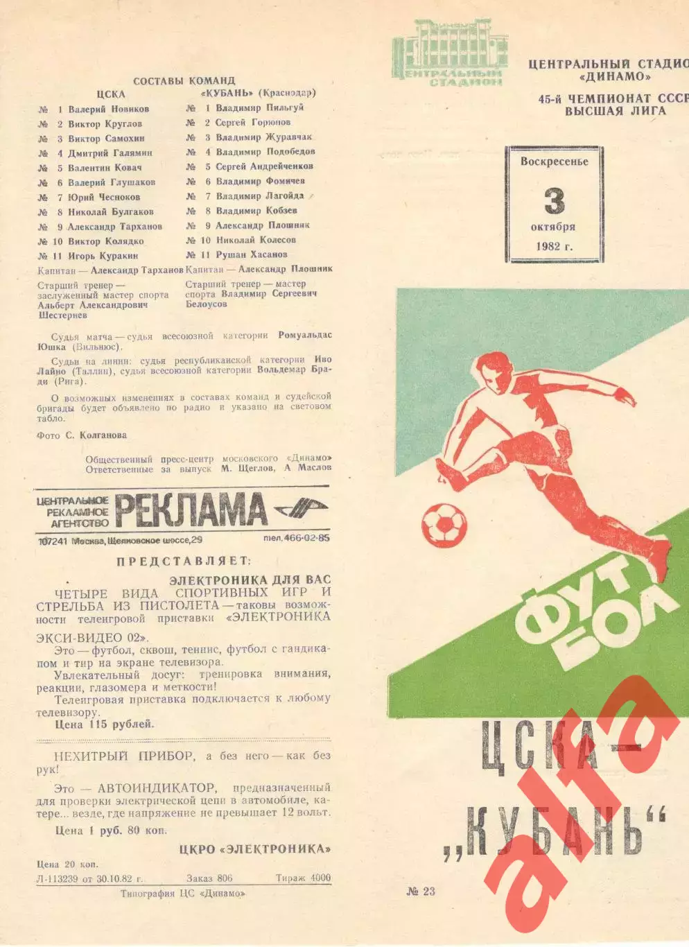 ЦСКА - Кубань Краснодар 03.10.1982.