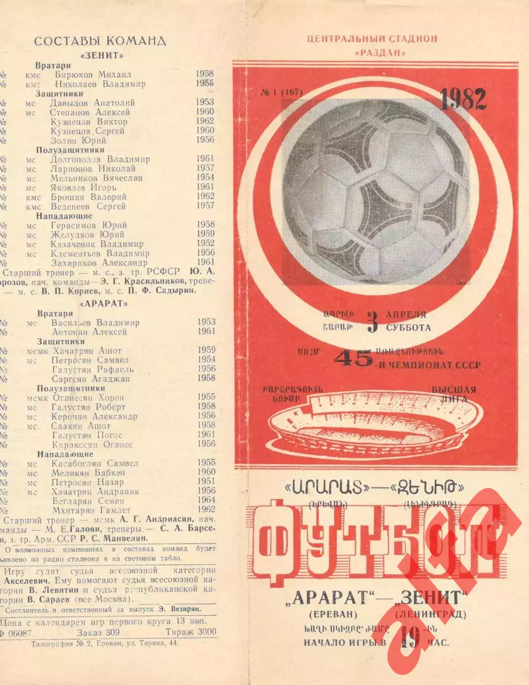 Арарат Ереван - Зенит Ленинград 03.04.1982.