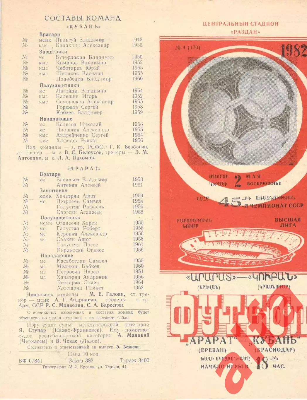 Арарат Ереван - Кубань Краснодар 02.05.1982.