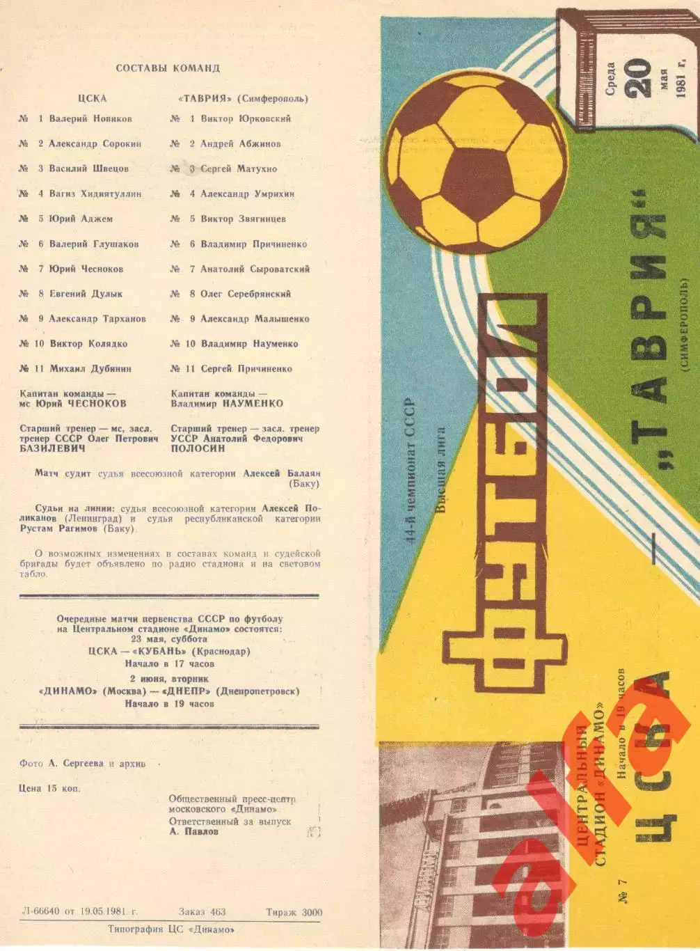 ЦСКА - Таврия Симферополь 20.05.1981