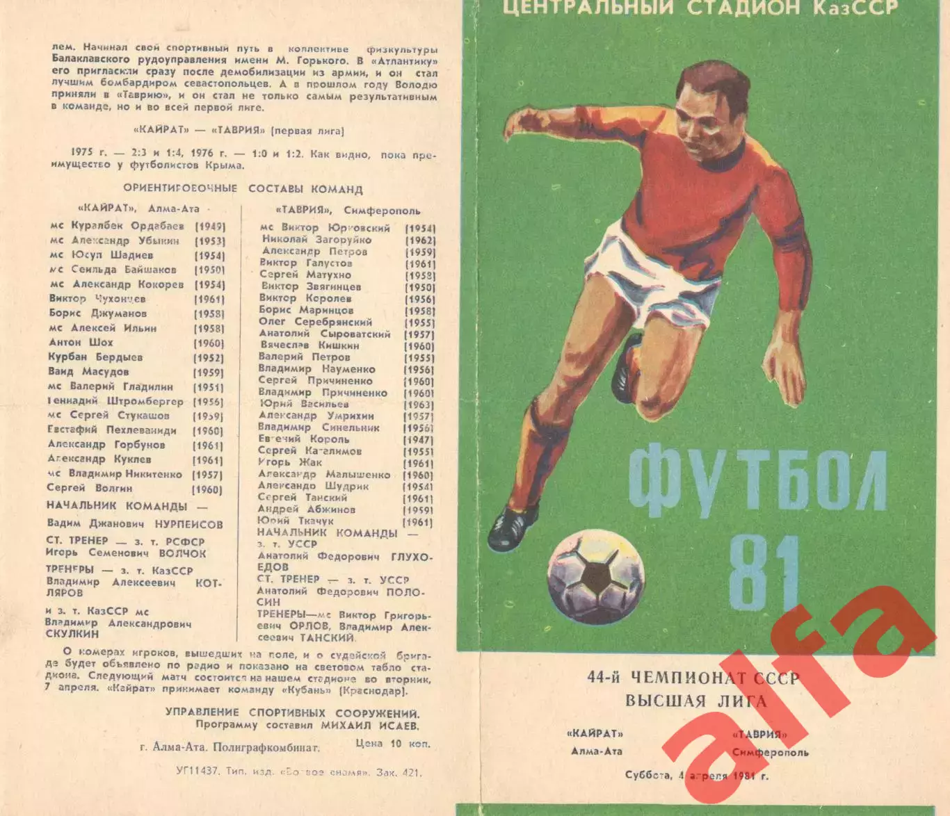 Кайрат Алма-Ата - Таврия Симферополь 04.04.1981