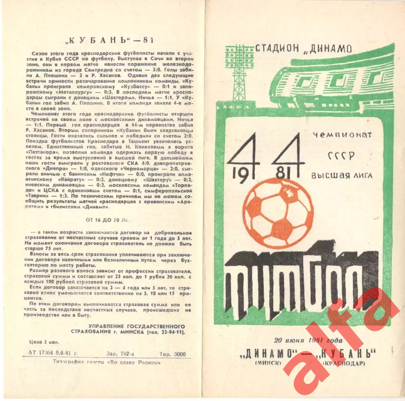 Динамо Минск - Кубань Краснодар 20.06.1981