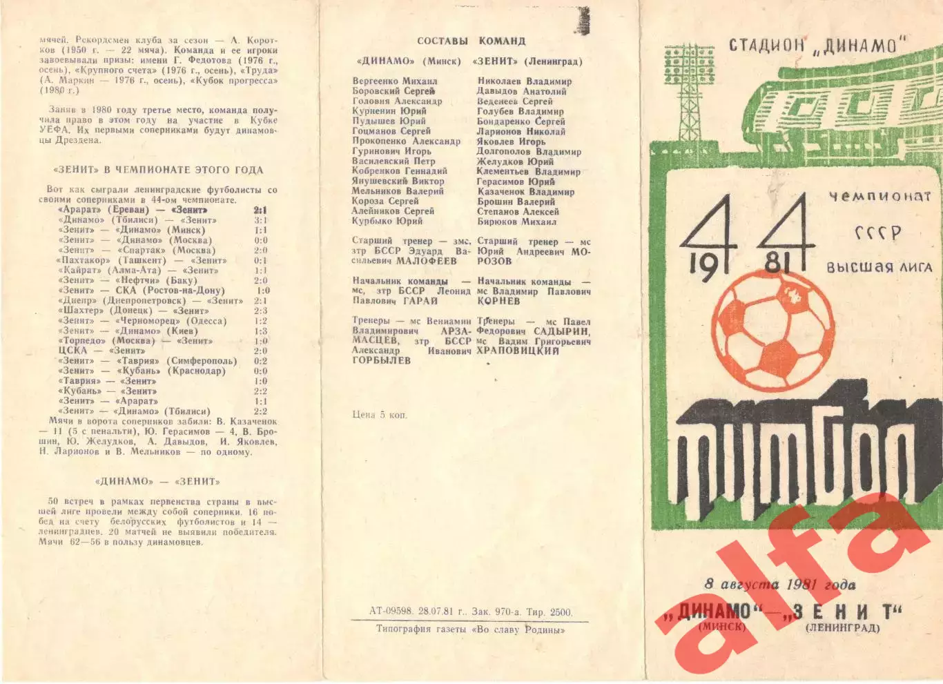 Динамо Минск - Зенит Ленинград 08.08.1981