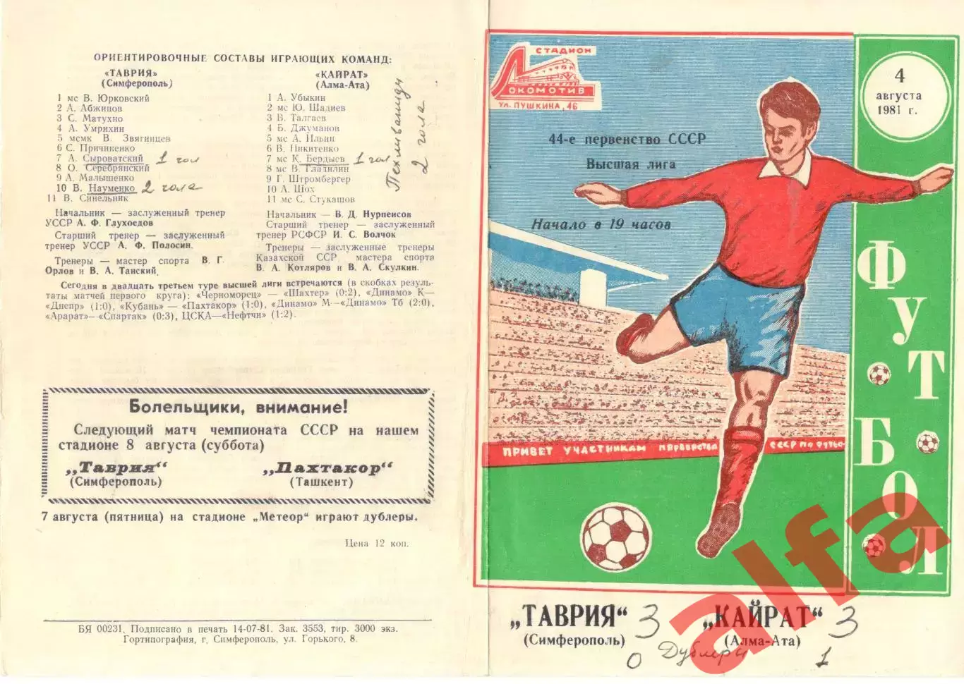Таврия Симферополь - Кайрат Алма-Ата 04.08.1981