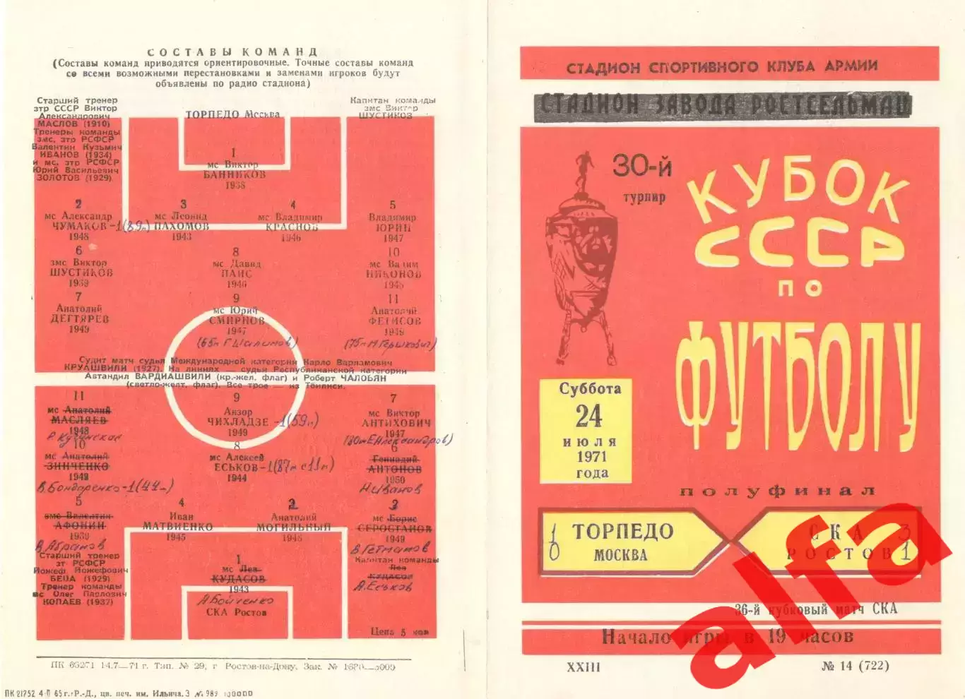 СКА Ростов-на-Дону - Торпедо Москва 24.07.1971. Кубок.