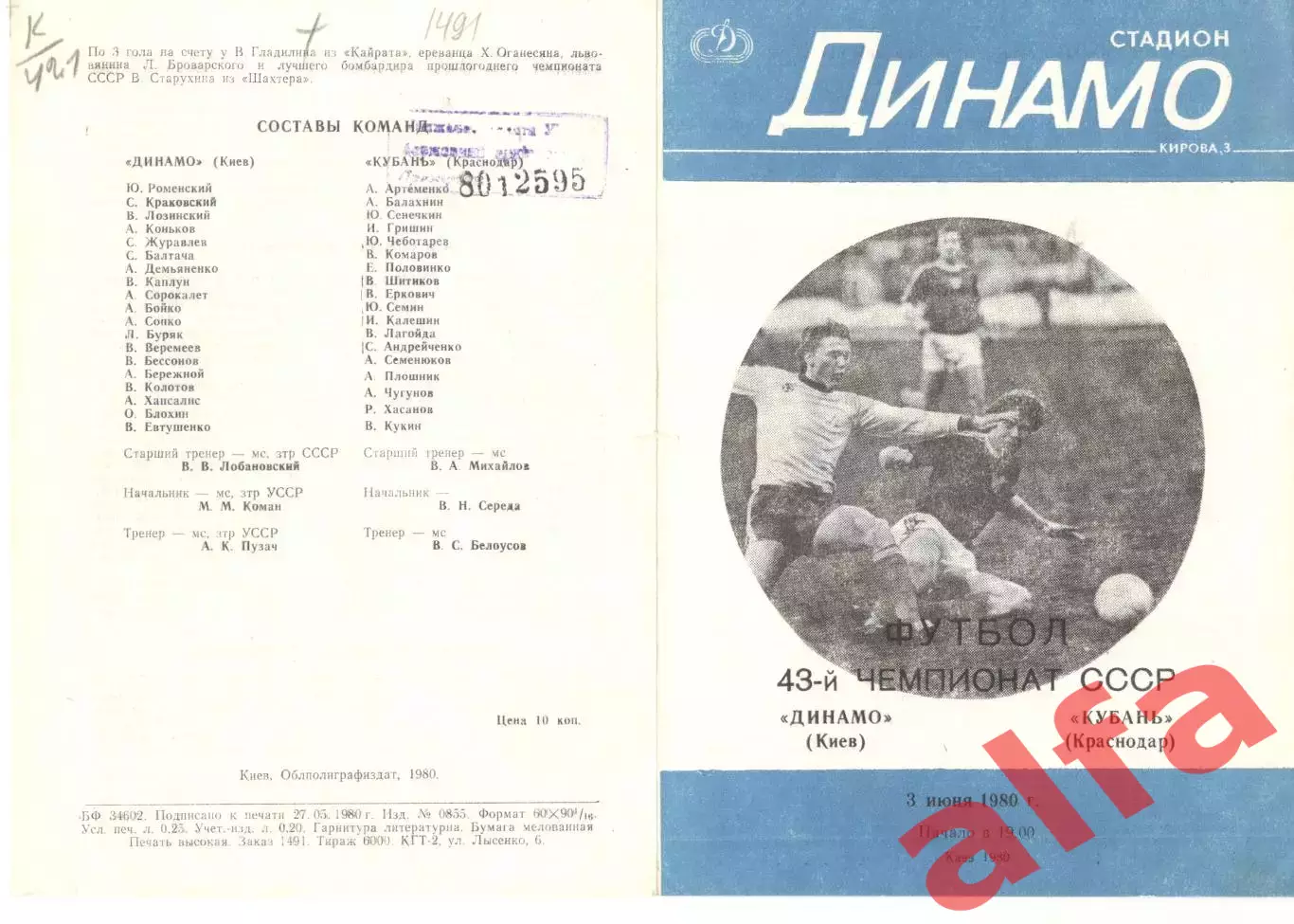 Динамо Киев - Кубань Краснодар 03.06.1980.