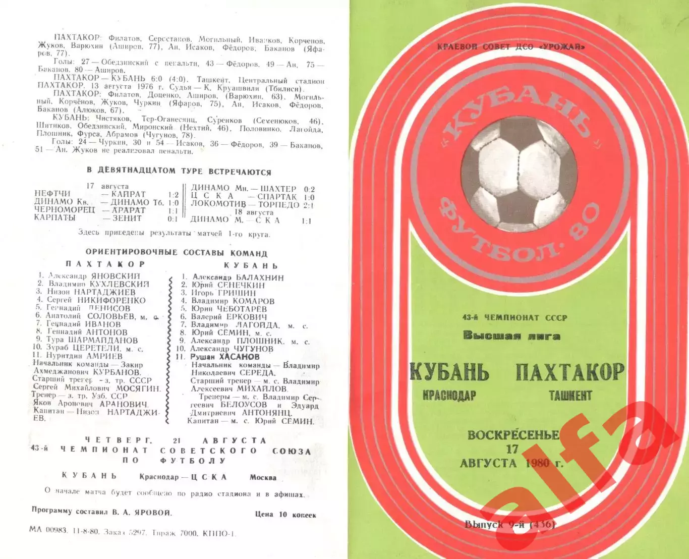 Кубань Краснодар - Пахтакор Ташкент 17.08.1980.