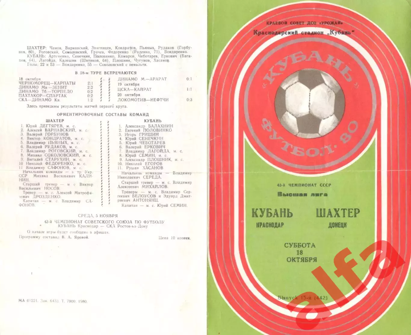 Кубань Краснодар - Шахтер Донецк 18.10.1980.