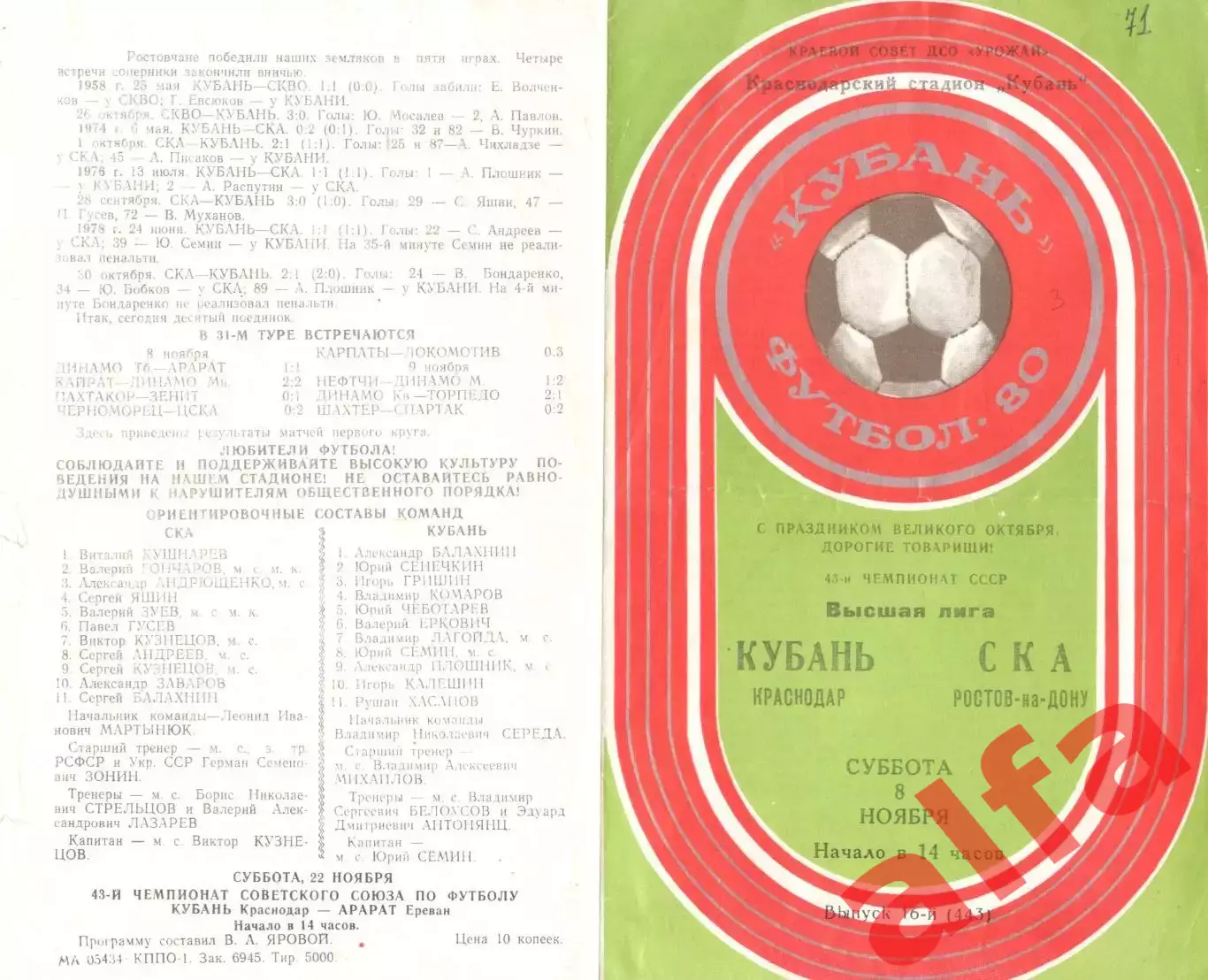 Кубань Краснодар - СКА Ростов-на-Дону 08.11.1980.