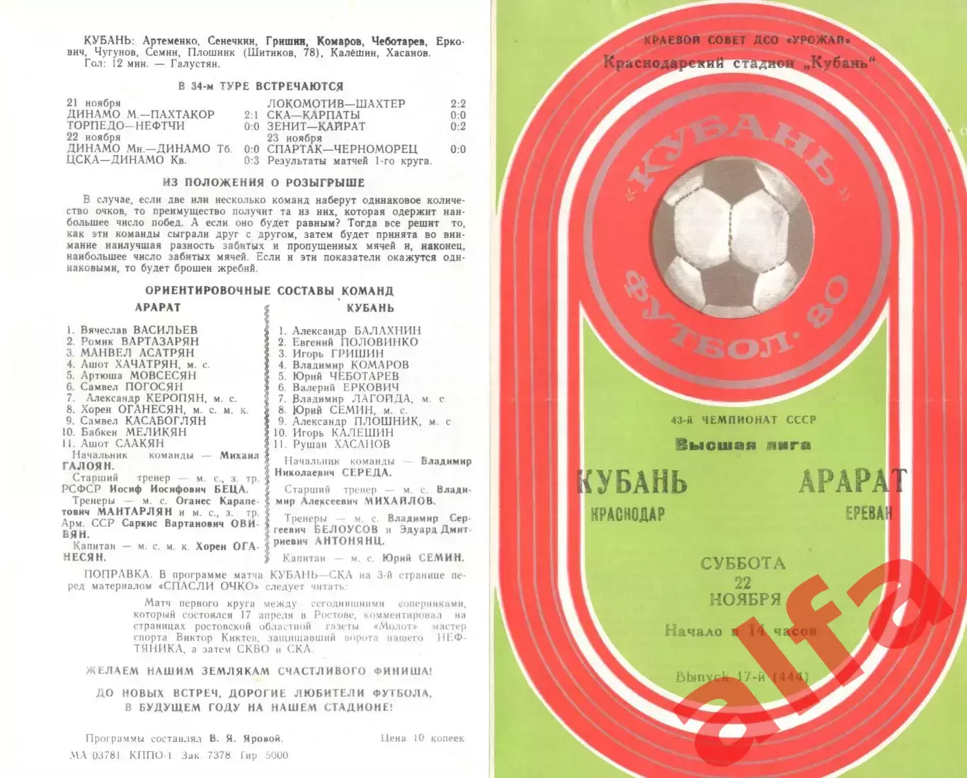 Кубань Краснодар - Арарат Ереван 22.11.1980.