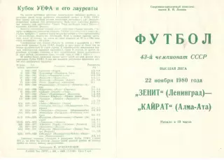 Зенит Ленинград - Кайрат Алма-Ата 22.11.1980.