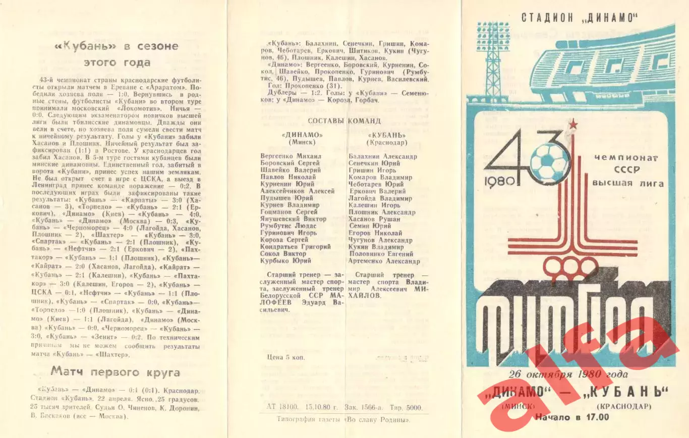 Динамо Минск - Кубань Краснодар 26.10.1980.
