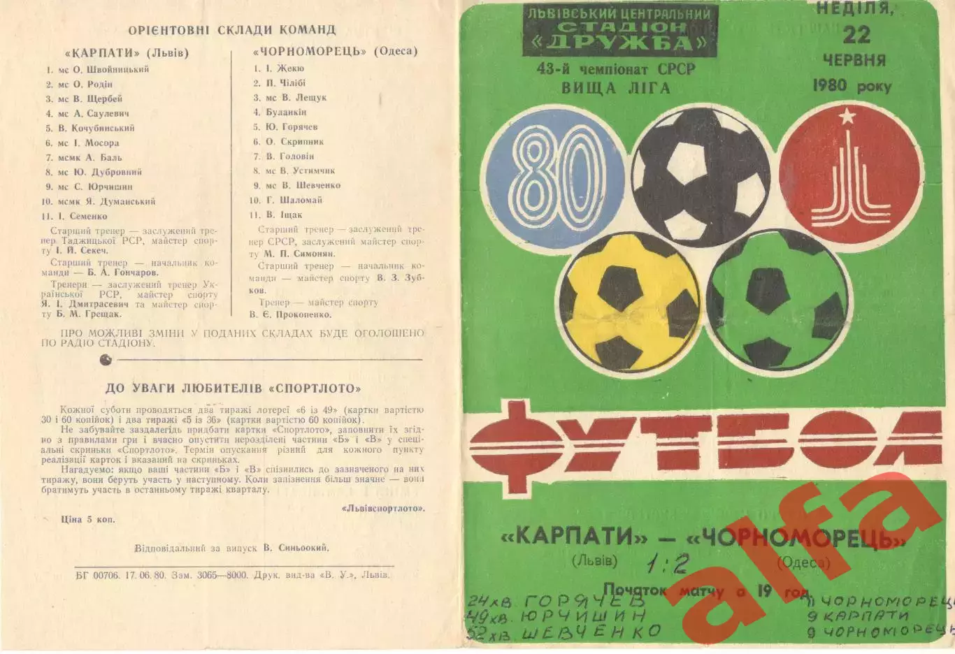 Карпаты Львов - Черноморец Одесса 22.06.1980.