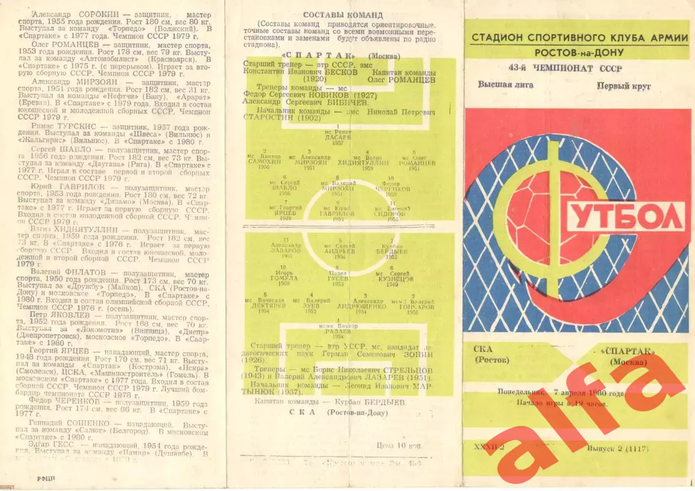 СКА Ростов-на-Дону - Спартак Москва 07.04.1980.