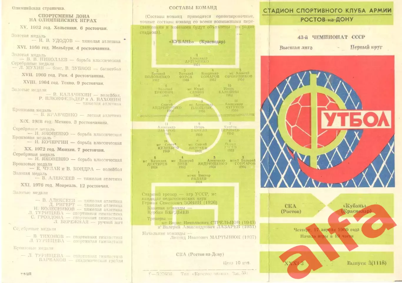 СКА Ростов-на-Дону - Кубань Краснодар 17.04.1980.
