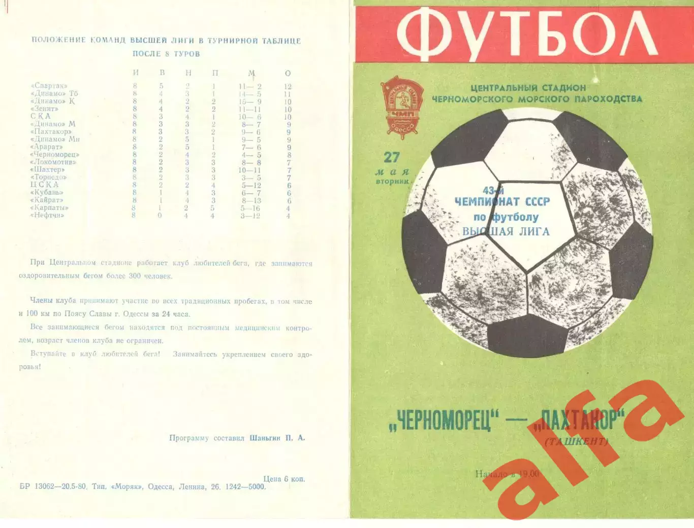 Черноморец Одесса - Пахтакор Ташкент 27.05.1980.