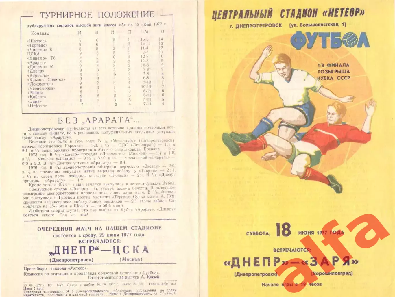 Днепр Днепропетровск - Заря Ворошиловград 18.06.1977. Кубок СССР
