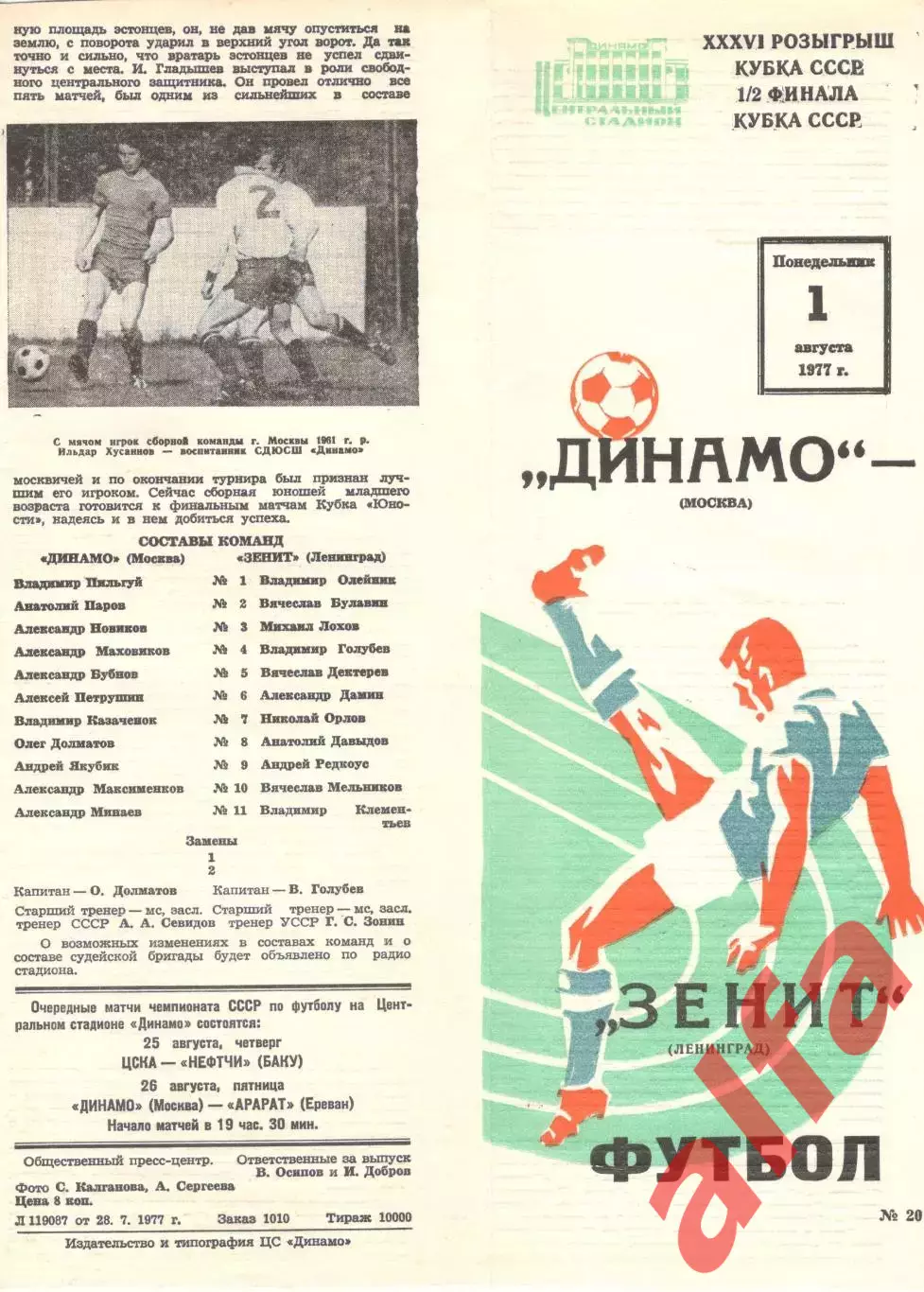 Динамо Москва - Зенит Ленинград 01.08.1977. Кубок СССР
