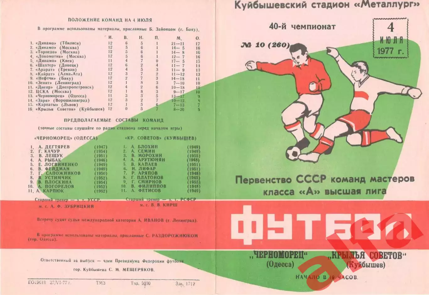 Крылья Советов Куйбышев - Черноморец Одесса 04.07.1977.